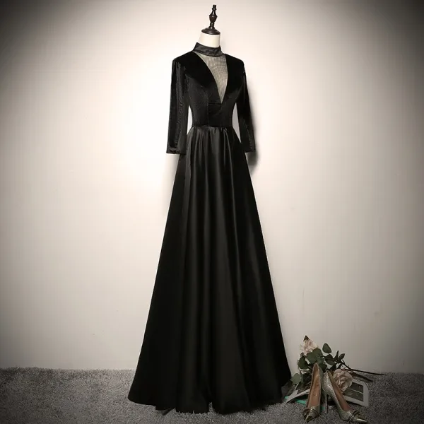 Audrey Hepburn Style Black Prom Dresses 2025 A-Line / Princess High Neck 3/4 Sleeve Backless Floor-Length / Long Prom Formal Dresses