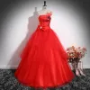 Chic / Beautiful Red Rhinestone Sequins Lace Flower Prom Dresses 2024 Ball Gown Strapless Sleeveless Backless Floor-Length / Long Prom Formal Dresses