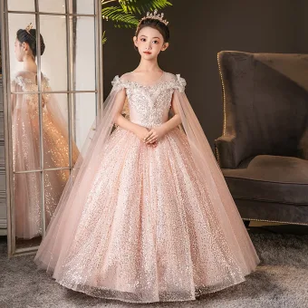 Scintillantes Rougissant Rose Perlage Paillettes Anniversaire Robe Ceremonie Fille 2025 Robe Boule Encolure Dégagée Manches Courtes Longue