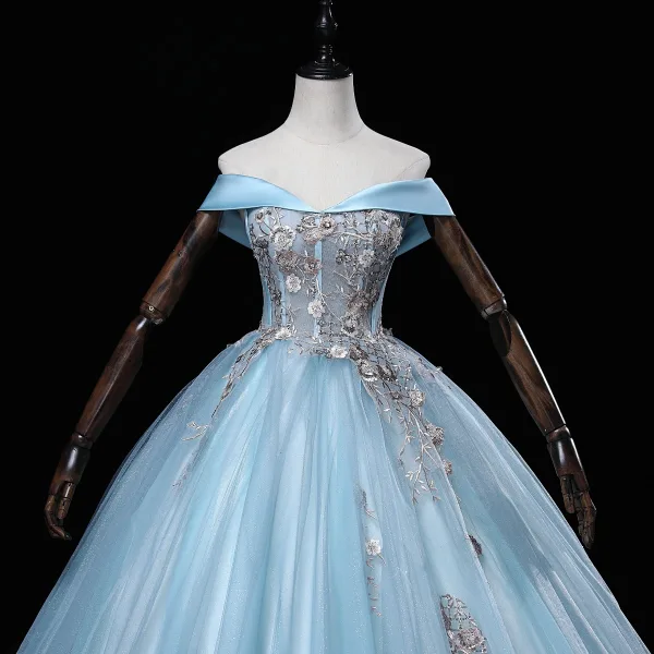 Elegant Sky Blue Sequins Lace Flower Prom Dresses 2022 Ball Gown Off-The-Shoulder Sleeveless Backless Floor-Length / Long Prom Formal Dresses