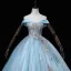 Elegant Sky Blue Sequins Lace Flower Prom Dresses 2022 Ball Gown Off-The-Shoulder Sleeveless Backless Floor-Length / Long Prom Formal Dresses