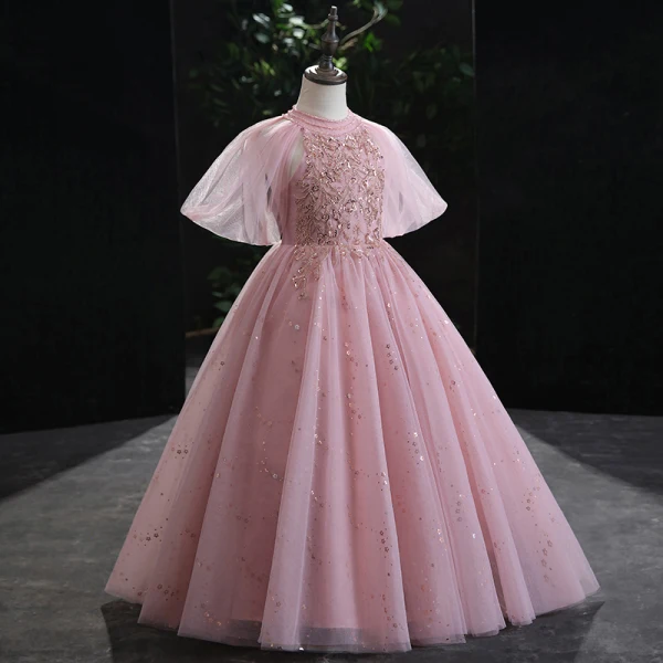 Chic / Beautiful Candy Pink Beading Sequins Prom Flower Girl Dresses 2022 Ball Gown Scoop Neck Puffy Short Sleeve Floor-Length / Long Flower Girl Dresses