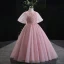 Chic / Beautiful Candy Pink Beading Sequins Prom Flower Girl Dresses 2022 Ball Gown Scoop Neck Puffy Short Sleeve Floor-Length / Long Flower Girl Dresses