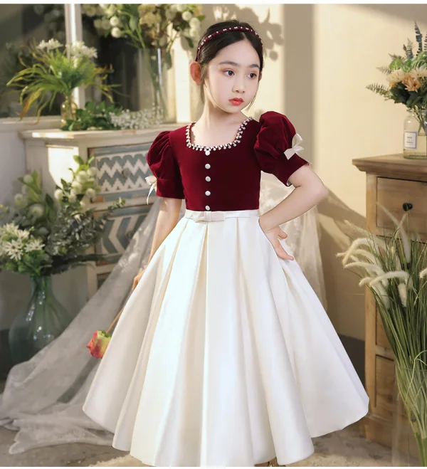 Elegant Burgundy Pearl Satin Prom Flower Girl Dresses 2022 A-Line / Princess Square Neckline Short Sleeve Bow Sash Floor-Length / Long Flower Girl Dresses