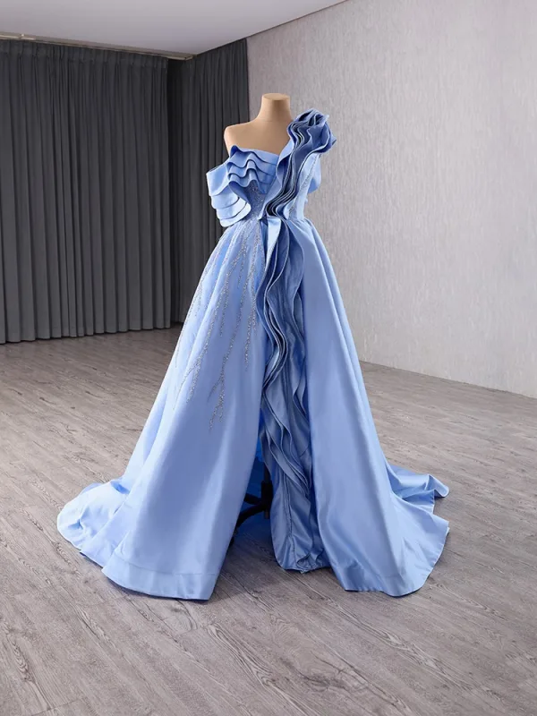 Haut de Gamme Mode Bleu Ciel Perlage Paillettes Robe De Bal 2024 Princesse Une épaule Sans Manches Dos Nu Train De Balayage Promo Robe De Ceremonie