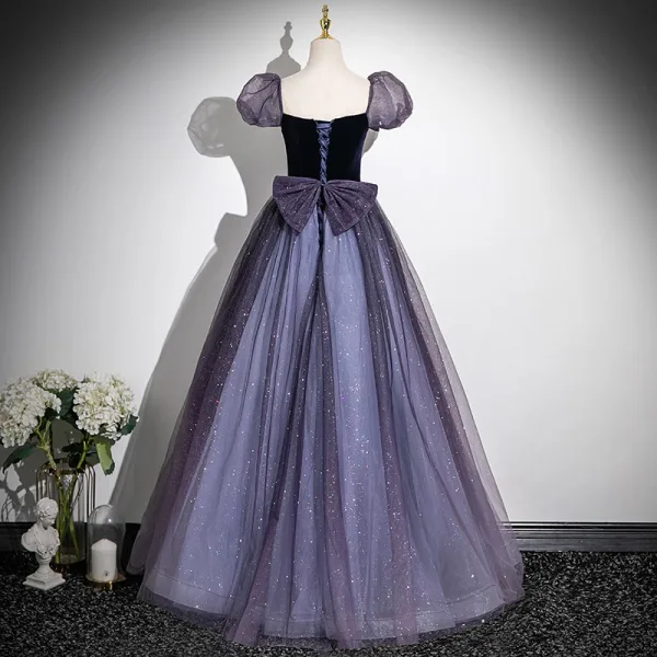 Elegant Purple Sequins Prom Dresses 2025 A-Line / Princess Square Neckline Puffy Short Sleeve Backless Bow Floor-Length / Long Formal Dresses