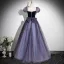Elegant Purple Sequins Prom Dresses 2025 A-Line / Princess Square Neckline Puffy Short Sleeve Backless Bow Floor-Length / Long Formal Dresses