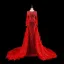 Luxe Rouge Fait main Perlage Paillettes Plumes Robe De Soirée 2023 Trompette / Sirène Encolure Dégagée Manches Longues Ceinture Tribunal Train Soirée Robe De Ceremonie