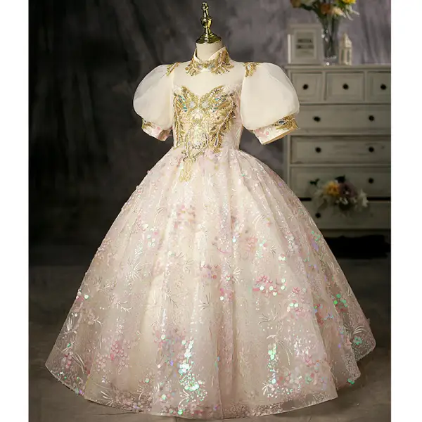 Charming Blushing Pink Beading Sequins Birthday Flower Girl Dresses 2022 Ball Gown High Neck Puffy Short Sleeve Floor-Length / Long Flower Girl Dresses