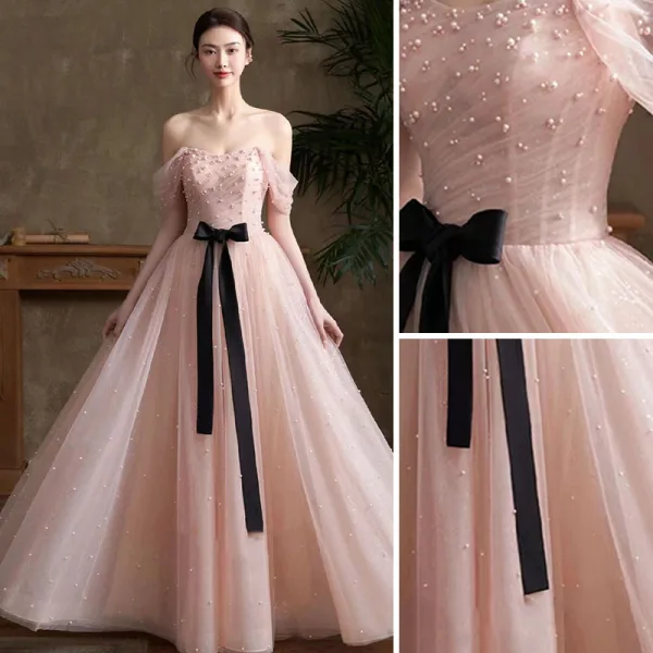 Fashion Blushing Pink Pearl Evening Dresses  2022 A-Line / Princess Off-The-Shoulder Bow Short Sleeve Backless Floor-Length / Long Evening Party Formal Dresses