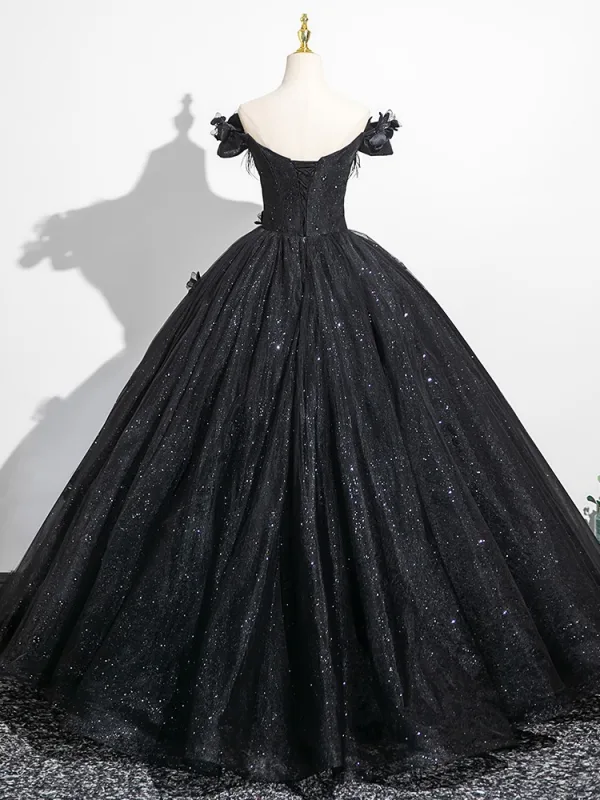 Bling Bling Black Rhinestone Sequins Appliques Prom Dresses 2025 Ball Gown Off-The-Shoulder Tassel Short Sleeve Backless Floor-Length / Long Formal Dresses