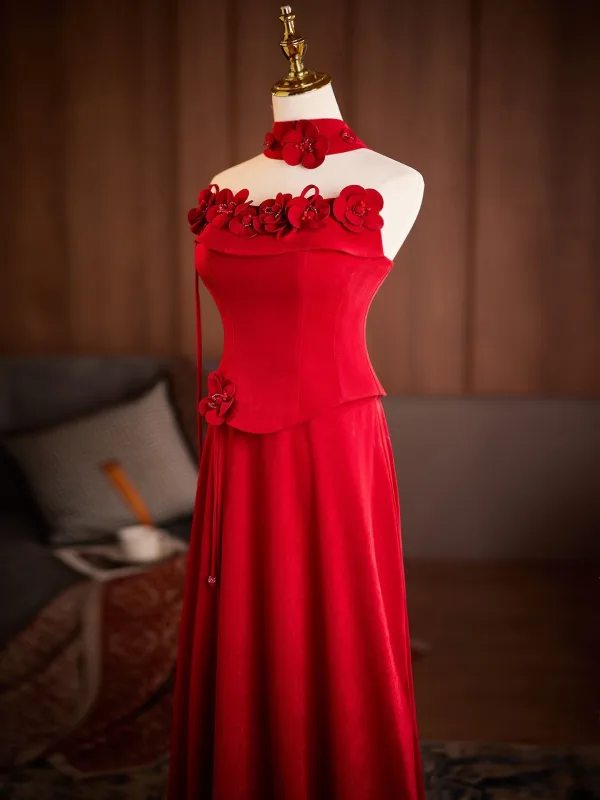 Vintage / Retro Red Appliques Prom Dresses 2026 A-Line / Princess Strapless Sleeveless Backless Floor-Length / Long Formal Dresses