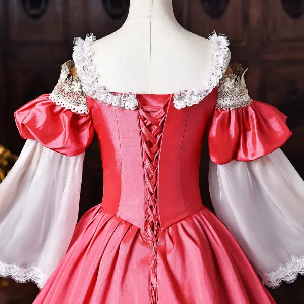 Vintage / Originale Médiévale Fushia En Dentelle Fleur Robe De Bal 2026 Robe Boule U-Cou Manches de cloche Dos Nu Longue Robe De Ceremonie