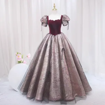Elegant Burgundy Glitter Prom Dresses 2024 Ball Gown Square Neckline Puffy Short Sleeve Backless Floor Length Long Prom Formal Dresses