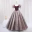 Elegant Burgundy Glitter Prom Dresses 2024 Ball Gown Square Neckline Puffy Short Sleeve Backless Floor-Length / Long Prom Formal Dresses