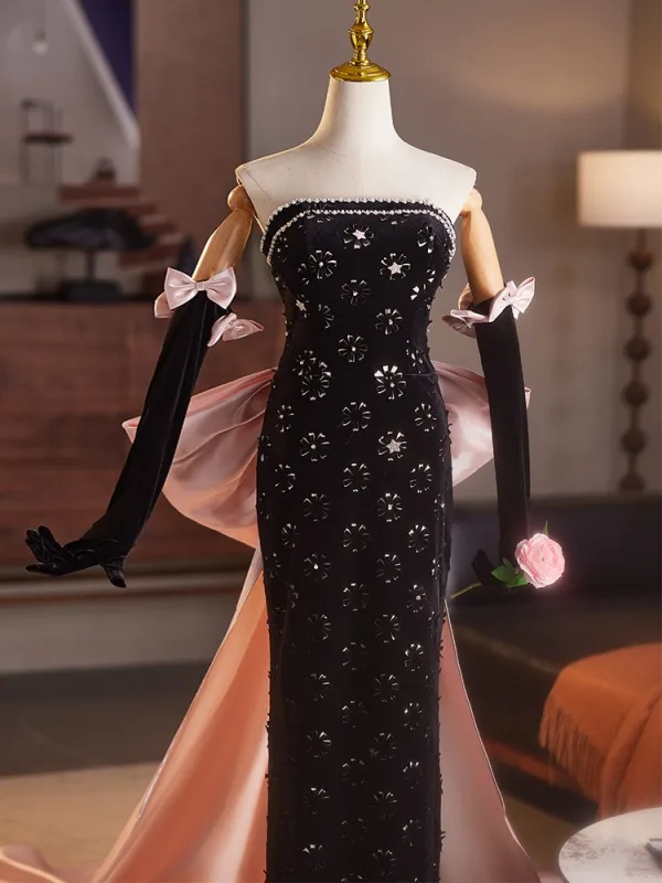 Sexy Noire Faux Diamant Robe De Soirée 2025 Trompette / Sirène Bustier Manches Longues Dos Nu Noeud Longue Soirée Robe De Ceremonie
