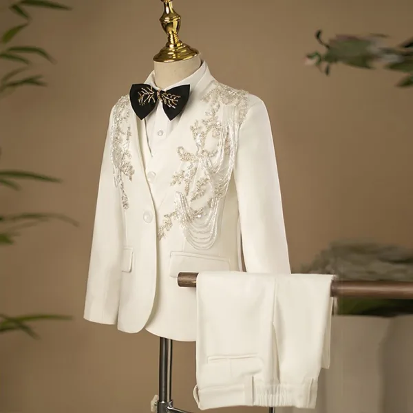 Weiß Handgefertigt Perlenstickerei Satin Lange Ärmel 5 Stück Anzüge Jungs 2025 Hochzeit Mantel Hose Hemd Krawatte Weste