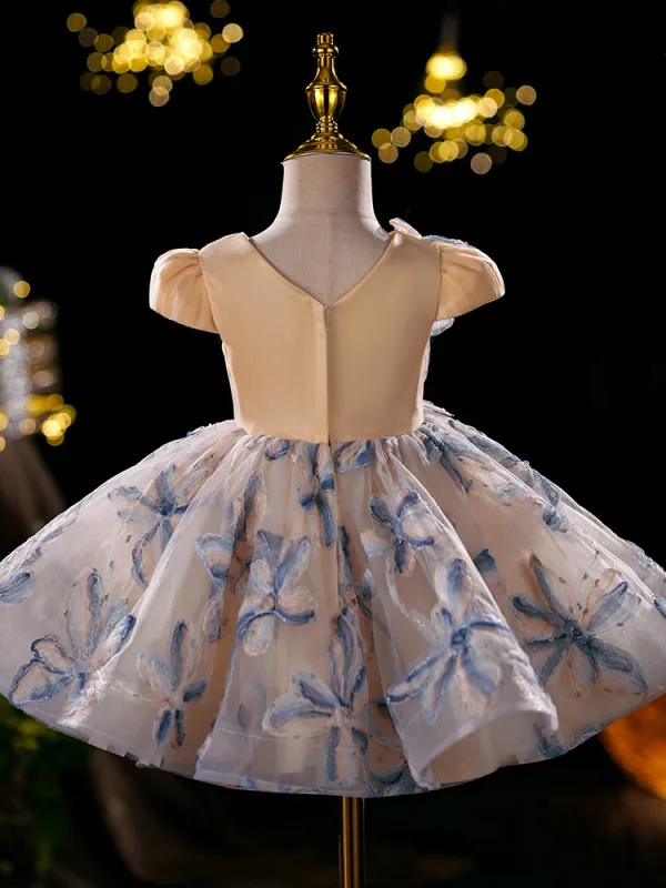 Fashion Champagne Pearl Flower Short Flower Girl Dresses 2024 Ball Gown Birthday Scoop Neck Cap Sleeves