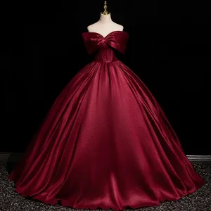 Elegant Burgundy Prom Dresses 2025 Ball Gown Bow Off The Shoulder Short Sleeve Backless Floor Length Long Prom Formal Dresses