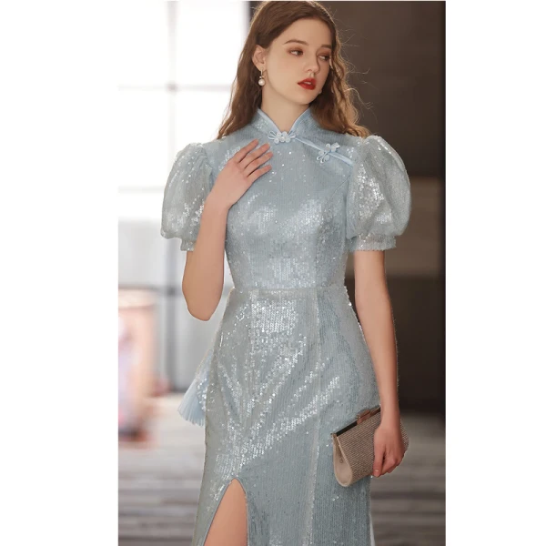 Style Chinois Scintillantes Bleu Ciel Paillettes Robe De Soirée 2023 Trompette / Sirène Col Haut Manches Courtes Train De Balayage Soirée Robe De Ceremonie