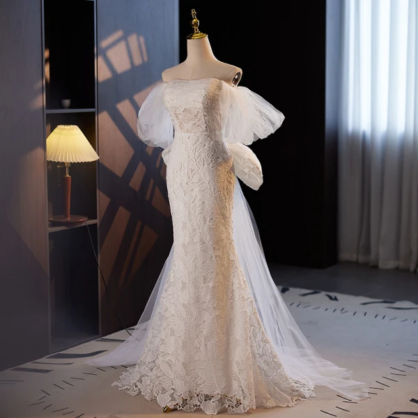 Vintage / Retro Ivory Beading Pearl Lace Flower Wedding Dresses 2024 Trumpet / Mermaid Off-The-Shoulder Short Sleeve Sweep Train