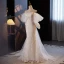 Vintage / Retro Ivory Beading Pearl Lace Flower Wedding Dresses 2024 Trumpet / Mermaid Off-The-Shoulder Short Sleeve Sweep Train