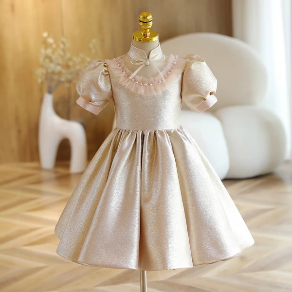Chic / Beautiful Sky Blue Glitter Short Flower Girl Dresses 2022 A-Line / Princess Scoop Neck Pearl Short Sleeve Birthday Flower Girl Dresses