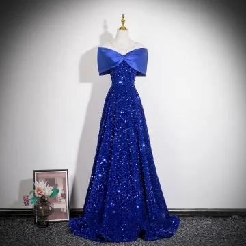 Dazzling Royal Blue Sequins Evening Dresses 2026 A Line Princess Off The Shoulder Bow Short Sleeve Backless