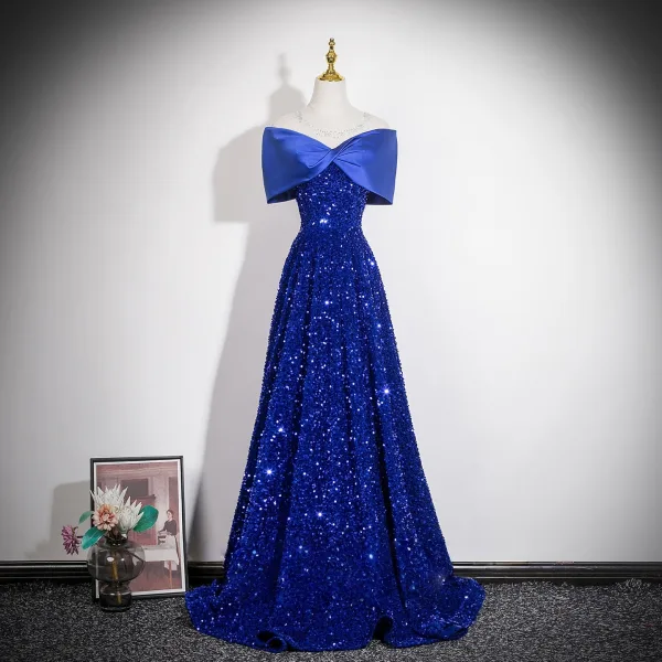 Dazzling Royal Blue Sequins Evening Dresses 2026 A-Line / Princess Off-The-Shoulder Bow Short Sleeve Backless