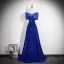 Dazzling Royal Blue Sequins Evening Dresses 2026 A-Line / Princess Off-The-Shoulder Bow Short Sleeve Backless