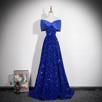 Dazzling Royal Blue Sequins Evening Dresses 2026 A Line Princess Off The Shoulder Bow Short Sleeve Backless