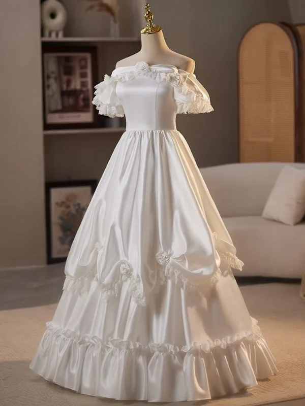 Elegant White Satin Flower Wedding Dresses 2025 A-Line / Princess Off-The-Shoulder Short Sleeve Backless Floor-Length / Long