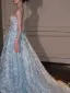 Glitzernden Sexy Himmelblau Glanz Pailletten Abendkleider 2025 A Linie Bandeau Ärmellos Rückenfreies Sweep / Pinsel Zug Abend Festliche Kleider