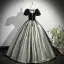 Demure Black Glitter Sequins Prom Dresses 2025 Ball Gown Square Neckline Puffy Short Sleeve Backless Floor-Length / Long Prom Formal Dresses