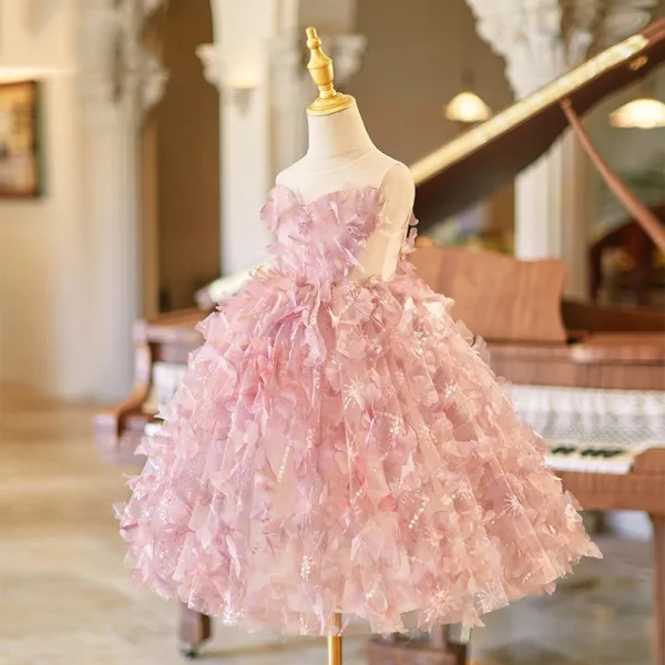 Flower Fairy Blushing Pink Appliques Sequins Birthday Flower Girl Dresses 2024 Ball Gown Scoop Neck Sleeveless Backless Short