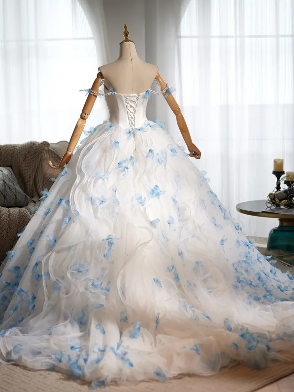 Luxury / Gorgeous White Beading Appliques Sequins Lace Flower Wedding Dresses 2025 Ball Gown Off-The-Shoulder Sleeveless Backless Sweep Train
