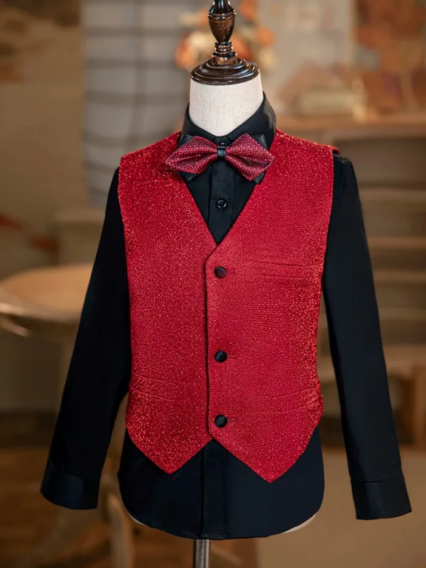 Red 6-piece Long Sleeve Wedding Boys Wedding Suits 2024 Body Jewellery Coat Pants Shirt Tie Vest