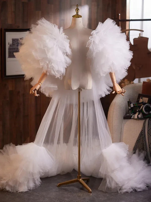 Unusual White Handmade Cascading Ruffles Prom shawl 2025 Puffy Short Sleeve Tulle