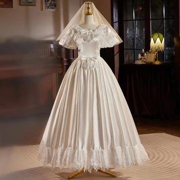 Vintage Retro Ivory Satin Lace Wedding Dresses 2024 Ball Gown Scoop Neck Bow Puffy Short Sleeve Backless Floor Length Long Wedding