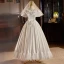 Vintage / Retro Ivory Satin Lace Wedding Dresses 2024 Ball Gown Scoop Neck Bow Puffy Short Sleeve Backless Floor-Length / Long Wedding