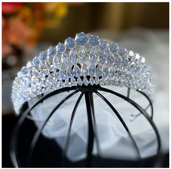 Błyszczące Srebrny Rhinestone Cyrkon Stop Ślub Tiara Ozdoby Do Włosów Ślubne 2022