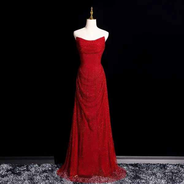 Sexy Red Glitter Evening Dresses 2025 Trumpet / Mermaid Off-The-Shoulder Short Sleeve Backless Floor-Length / Long Evening Party Formal Dresses