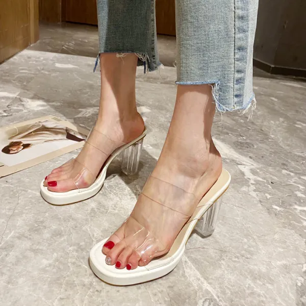 Summer Transparent Beige Street Wear Crystal Womens Sandals 2022 9 cm Thick Heels Open / Peep Toe Sandals High Heels