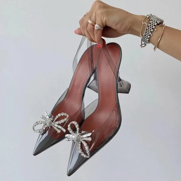 Transparent Sexy Summer Purple Evening Party Womens Sandals 2022 Rhinestone Bow 9 cm Stiletto Heels Pointed Toe High Heels