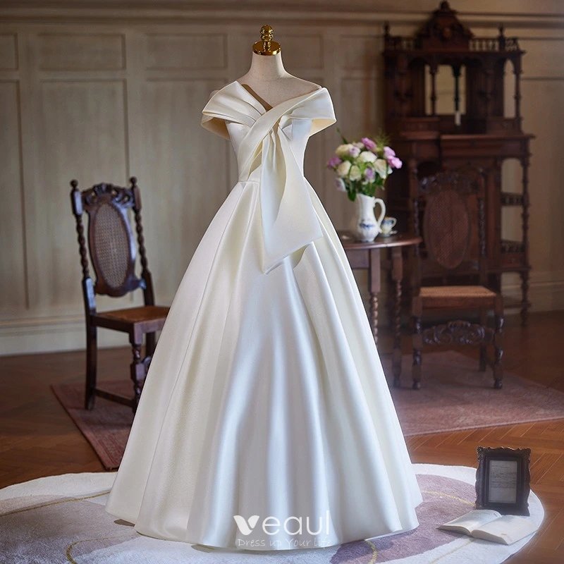 V Neck Backless White Satin Short Sleeve Wedding Dress