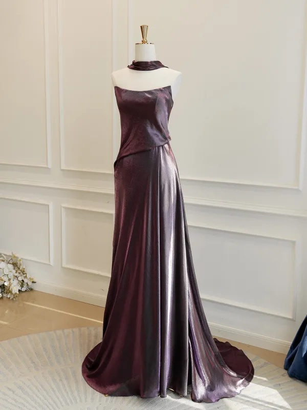 High End Traube Satin Ballkleider 2026 A Linie Bandeau Ärmellos Rückenfreies Sweep / Pinsel Zug Festliche Kleider
