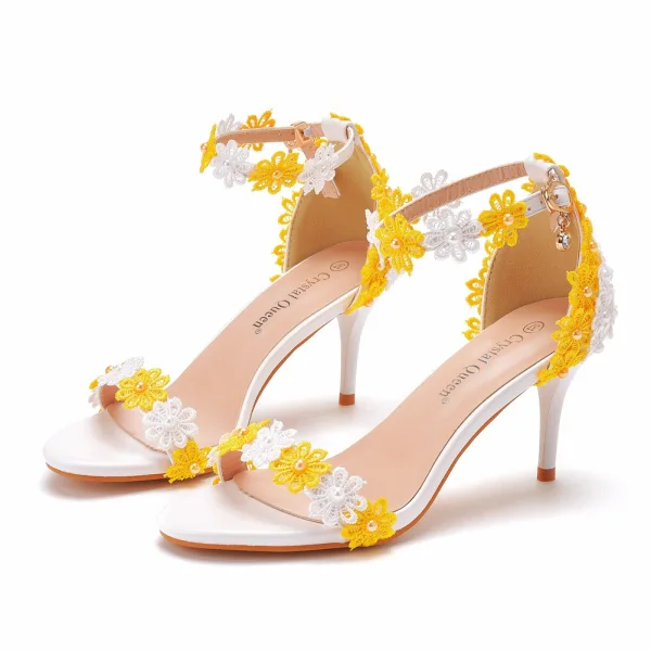 Charming Blushing Pink Lace Flower Prom Womens Sandals 2022 Pearl 7 cm Stiletto Heels Open / Peep Toe Sandals High Heels