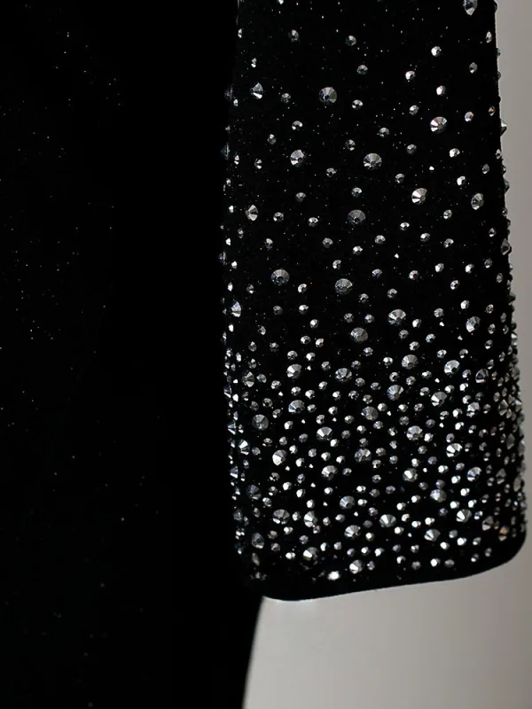 Charmant Noire Faux Diamant Fendue devant Robe De Soirée 2026 Trompette / Sirène De l'épaule Manches Longues Longue Robe De Ceremonie
