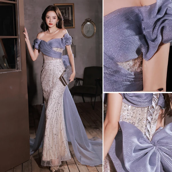Charmant Bleu Glitter Perlage Paillettes Robe De Soirée 2023 Trompette / Sirène De l'épaule Manches Courtes Dos Nu Noeud Longue Soirée Robe De Ceremonie