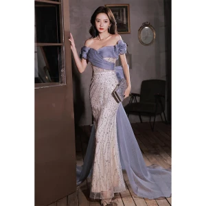 Charmant Bleu Glitter Perlage Paillettes Robe De Soirée 2023 Trompette Sirène De L Épaule Manches Courtes Dos Nu Noeud Longue Soirée Robe De Ceremonie